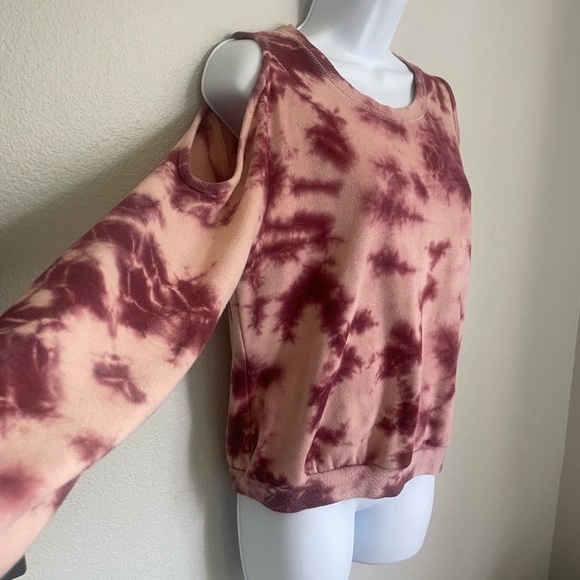 Sky & Sparrow Cold Shoulder Tie-Dye Sweatshirt Maroon Pink Pullover 50% Cotton - Picture 9 of 9